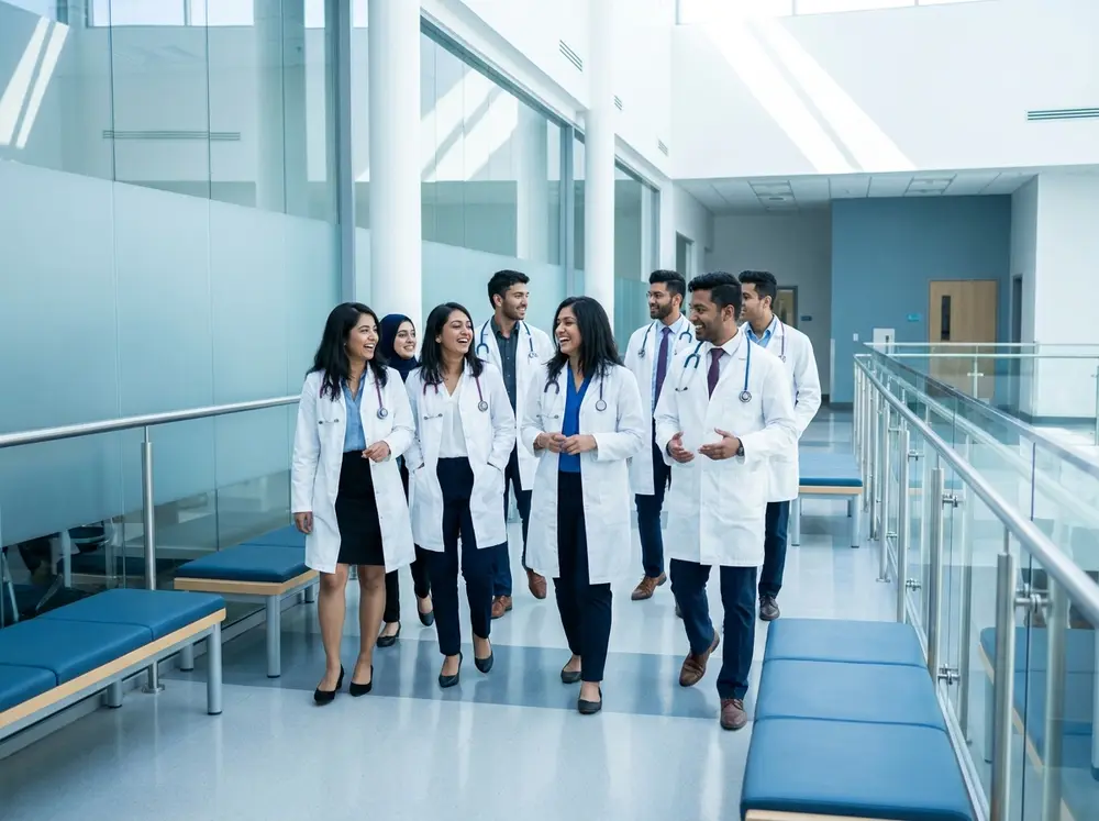 Medical students in white coats with stethoscopes walking through a medical college