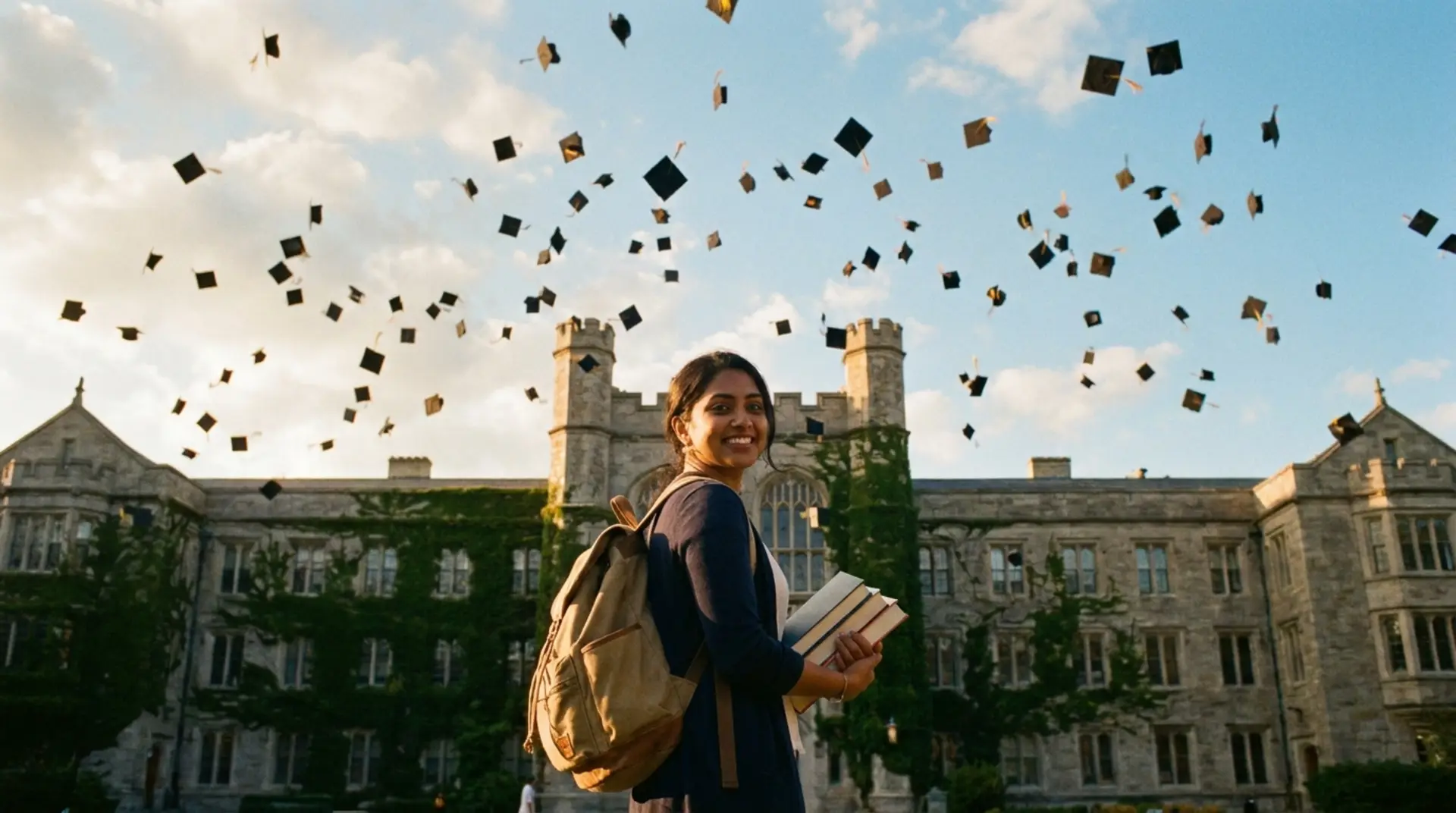 Smiling student with books in front of a university building as graduation caps fly in the sky